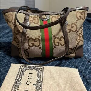 Gucci Beige and Brown GG Tote with Green and Red Stripe